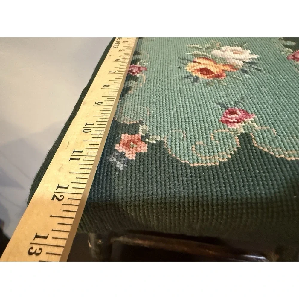 Vintage Floral Needlepoint Footstool Wood Rectangular Green ~9x12